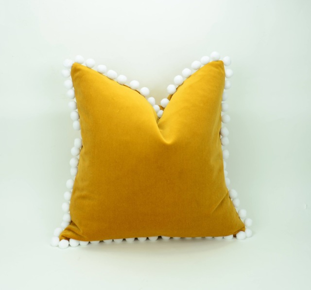 Mustard Velvet Pom Cushion Cover - European Cotton Upholstery, Handmade Home Decor - image 1
