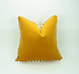 Mustard Velvet Pom Cushion Cover - European Cotton Upholstery, Handmade Home Decor - thumbnail 1