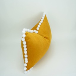 Mustard Velvet Pom Cushion Cover - European Cotton Upholstery, Handmade Home Decor - thumbnail 4