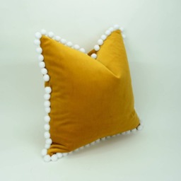 Mustard Velvet Pom Cushion Cover - European Cotton Upholstery, Handmade Home Decor - thumbnail 3