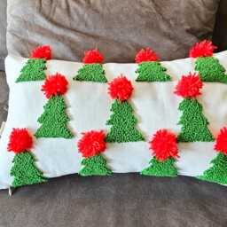 Handmade Christmas Green Tree Lumbar Pillow Case With Red Pom Poms, Home Decor - thumbnail 2