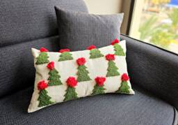 Handmade Christmas Green Tree Lumbar Pillow Case With Red Pom Poms, Home Decor - thumbnail 1