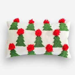 Handmade Christmas Green Tree Lumbar Pillow Case With Red Pom Poms, Home Decor - thumbnail 3