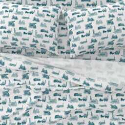 Trains Sheets - Antique Steam Engines Aquamarine By Thinlinetextiles Vintage Railroad Toile Cotton Sateen Sheet Set Bedding Spoonflower - thumbnail 3