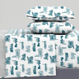 Trains Sheets - Antique Steam Engines Aquamarine By Thinlinetextiles Vintage Railroad Toile Cotton Sateen Sheet Set Bedding Spoonflower