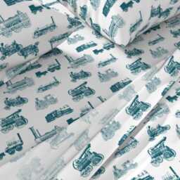 Trains Sheets - Antique Steam Engines Aquamarine By Thinlinetextiles Vintage Railroad Toile Cotton Sateen Sheet Set Bedding Spoonflower - thumbnail 2