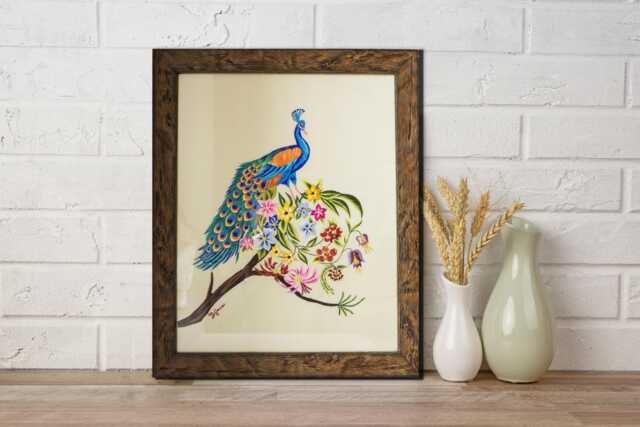 Peacock Embroidered Textile Art - One-Of-A-Kind Hand-stitched Wall Hanging Botanical Linen Tapestry Made in Italy - image 1