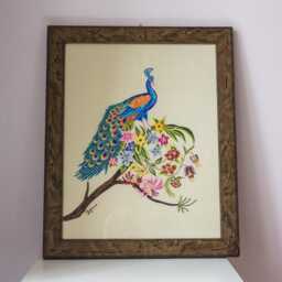 Peacock Embroidered Textile Art - One-Of-A-Kind Hand-stitched Wall Hanging Botanical Linen Tapestry Made in Italy - thumbnail 2