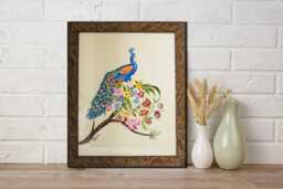 Peacock Embroidered Textile Art - One-Of-A-Kind Hand-stitched Wall Hanging Botanical Linen Tapestry Made in Italy