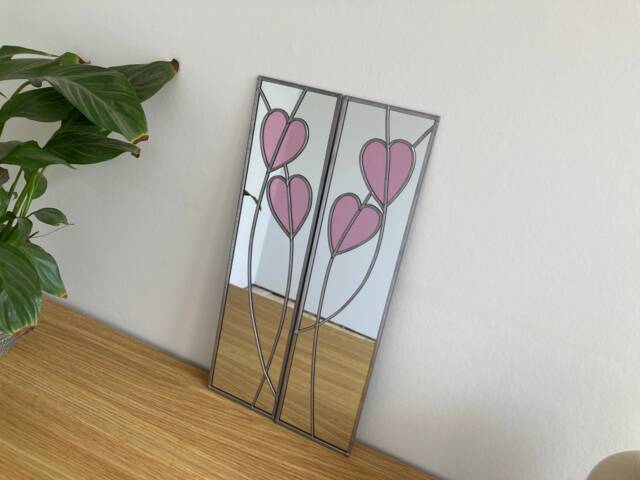 Opposite Pair Hearts in Pink Rennie Mackintosh Style Stained Glass Effect Mirror Handmade Gift 40x10cms - image 1