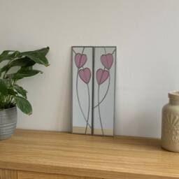 Opposite Pair Hearts in Pink Rennie Mackintosh Style Stained Glass Effect Mirror Handmade Gift 40x10cms - thumbnail 3