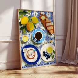 Breakfast Wall Art Print, Mediterranean Kitchen Poster, Coffee & Croissant Artwork, Colorful Food Still Life, Rustic Dining Room Decor - thumbnail 2