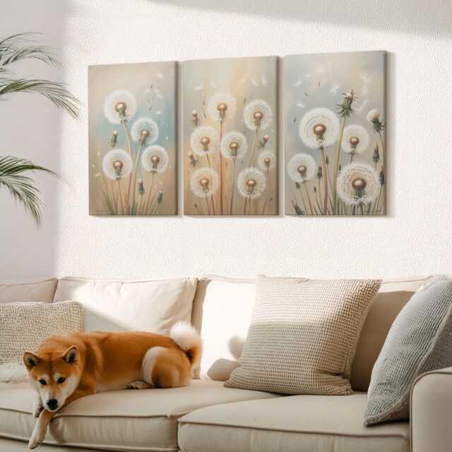Canvas Set Of 3 Wall Art - Dandelion Flowers Against A Background Pastel Colors, Beige Art, Plants & Decor - image 1