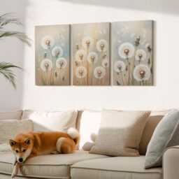 Canvas Set Of 3 Wall Art - Dandelion Flowers Against A Background Pastel Colors, Beige Art, Plants & Decor - thumbnail 1