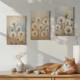 Canvas Set Of 3 Wall Art - Dandelion Flowers Against A Background Pastel Colors, Beige Art, Plants & Decor - thumbnail 3