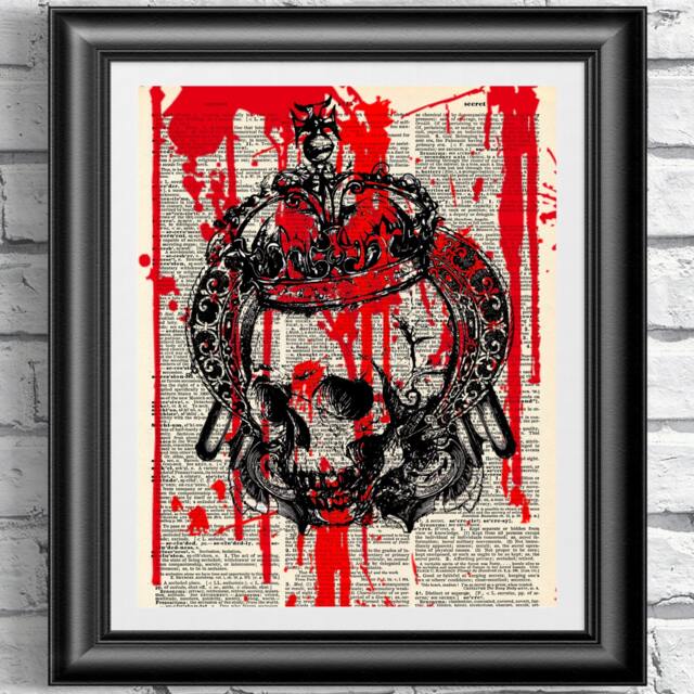 Art Print On Antique Dictionary Book Page Skull & Crown. Gothic Steampunk Artwork. Wall Hanging Goth Theme. Deocr Vintage - image 1