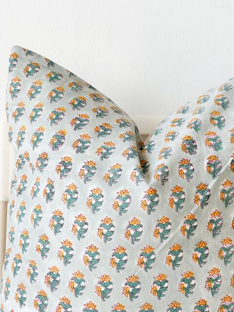 "Block Print Pillow Cover Floral Batik, Boho Farmhouse Decor - 20"" X 20" - image 1