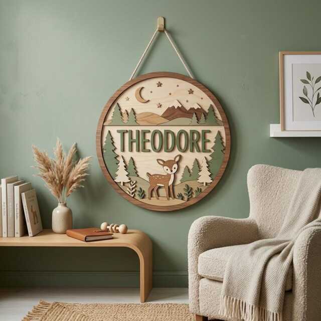 Personalized Deer Woodland Name Sign, Custom Nursery Forest Animal Decor, Mountain Baby Room Wall Art, Boy Gift - image 1