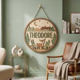 Personalized Deer Woodland Name Sign, Custom Nursery Forest Animal Decor, Mountain Baby Room Wall Art, Boy Gift - thumbnail 2