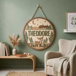 Personalized Deer Woodland Name Sign, Custom Nursery Forest Animal Decor, Mountain Baby Room Wall Art, Boy Gift - thumbnail 1