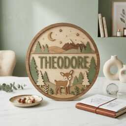 Personalized Deer Woodland Name Sign, Custom Nursery Forest Animal Decor, Mountain Baby Room Wall Art, Boy Gift - thumbnail 3