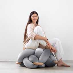 Gray Velvet Knot Ottoman, Floor Cushion Pouf, Large Pillow, Extra Seating, Modern Statement Furniture - thumbnail 2