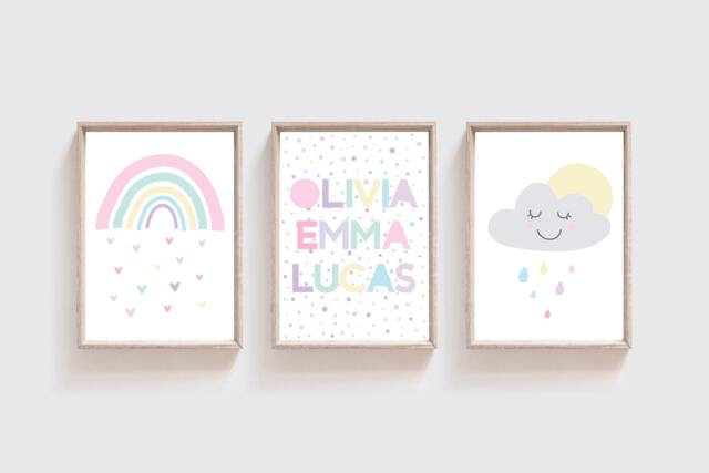 3 Girls Rainbow Prints, Nursery Bedroom Sister Big Sis Lil Sis, Wall Art, Decor - image 1