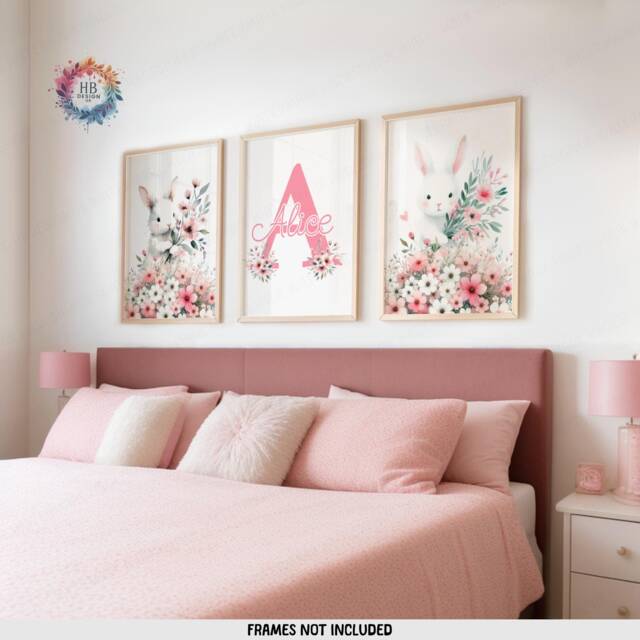 Pink Bunny Personalised Prints - Set Of 3 Posters - Baby Girls Room Decor Rabbit Nursery Wall Art Girl Floral Bedroom Toddler Picture - image 1