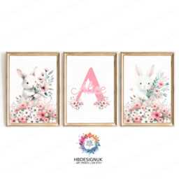 Pink Bunny Personalised Prints - Set Of 3 Posters - Baby Girls Room Decor Rabbit Nursery Wall Art Girl Floral Bedroom Toddler Picture - thumbnail 2