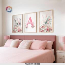Pink Bunny Personalised Prints - Set Of 3 Posters - Baby Girls Room Decor Rabbit Nursery Wall Art Girl Floral Bedroom Toddler Picture - thumbnail 1