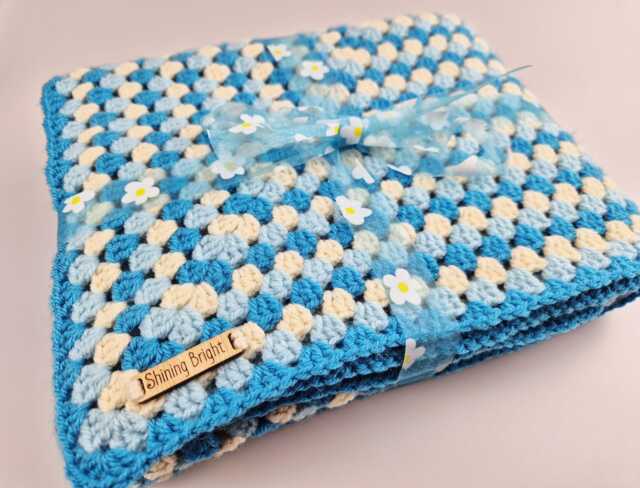 Blue & Cream Crochet Blanket - Large Granny Square Children's Gifts - image 1