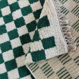 Handwoven Wool Checkered Rug, Green & White, Custom Size - thumbnail 3