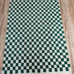 Handwoven Wool Checkered Rug, Green & White, Custom Size - thumbnail 4