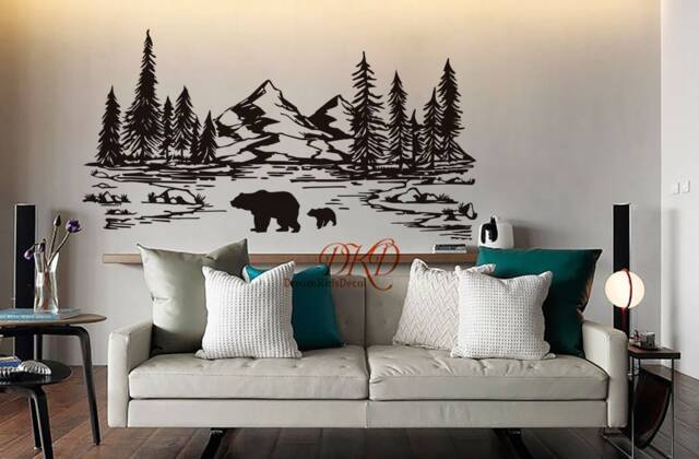 Mountain Bear Nursery Wall Decal, Pine Tree Landscape - image 1