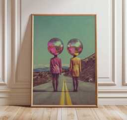 Surreal Disco Ball Head Poster, Retro Funk Wall Art Print, Colorful 80S Road Artwork, Funky Modern Pop Decor, Unique Music Lover Gift - thumbnail 1