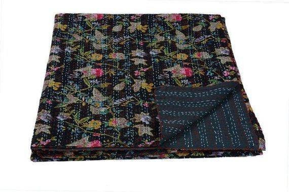Handmade Indian Kantha Quilt, Floral Bedspread Blanket - image 1