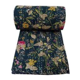 Handmade Indian Kantha Quilt, Floral Bedspread Blanket - thumbnail 2
