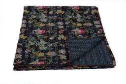 Handmade Indian Kantha Quilt, Floral Bedspread Blanket - thumbnail 1
