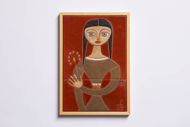 Boho Chic 70's Inspired Handpainted Orange Tile Wall Art - Seventies Flower Girl Portrait Unique Gift Idea - image 1