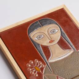Boho Chic 70's Inspired Handpainted Orange Tile Wall Art - Seventies Flower Girl Portrait Unique Gift Idea - thumbnail 2