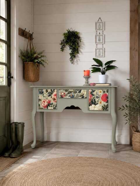 Pretty Light Green & Colourful Floral Console Table With Cupboards Drawer - image 1