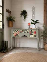 Pretty Light Green & Colourful Floral Console Table With Cupboards Drawer - thumbnail 1