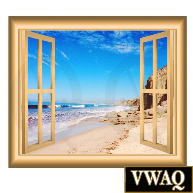 Sandy Beach Scene Wall Decal Nature Window Frame Peel & Stick Mural Nw61
