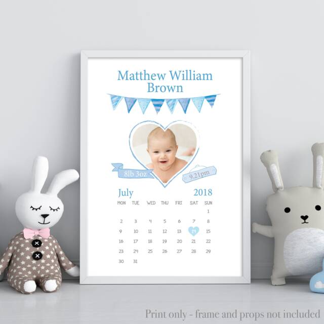 Personalised Gift For Baby Boy. Bespoke Print With Birth Details, Calendar & Photo. 1st Birthday Present. Newborn Baby Print - image 1