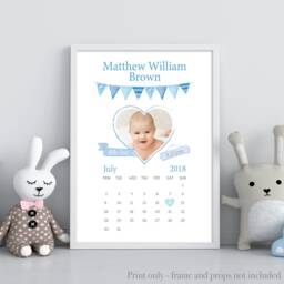 Personalised Gift For Baby Boy. Bespoke Print With Birth Details, Calendar & Photo. 1st Birthday Present. Newborn Baby Print - thumbnail 1