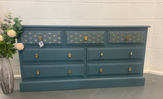 Large Chest Of Drawers Painted Bespoke Stencilled Upcycled Blue Gold Geometric - image 1