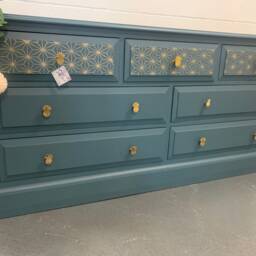 Large Chest Of Drawers Painted Bespoke Stencilled Upcycled Blue Gold Geometric - thumbnail 2