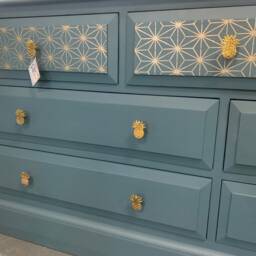 Large Chest Of Drawers Painted Bespoke Stencilled Upcycled Blue Gold Geometric - thumbnail 3