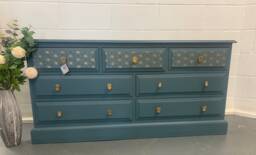 Large Chest Of Drawers Painted Bespoke Stencilled Upcycled Blue Gold Geometric