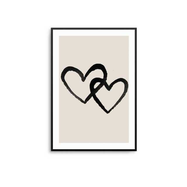 Black Hearts Duo Art Print Beige Love Illustration, Home Decor - image 1